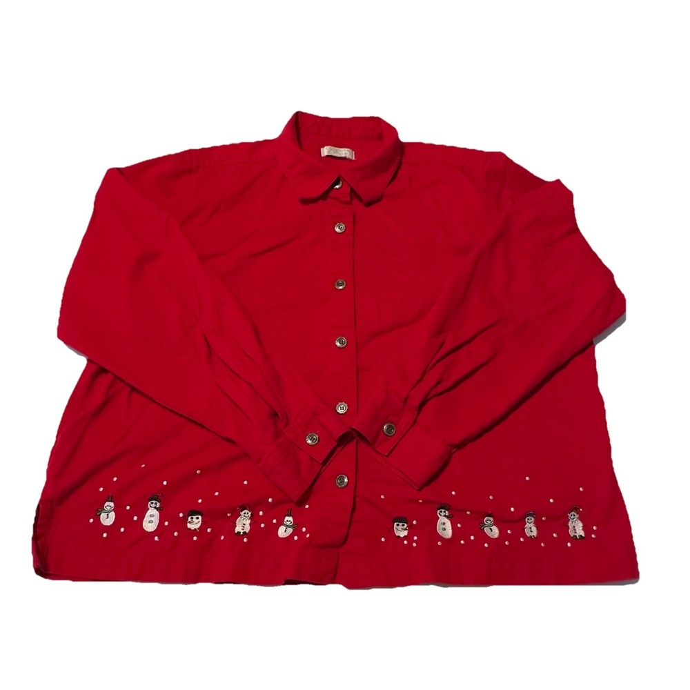 Vtg 2007 Christopher & Banks Red Embroidered‎ Women Shirt Sz L Snowman Christmas